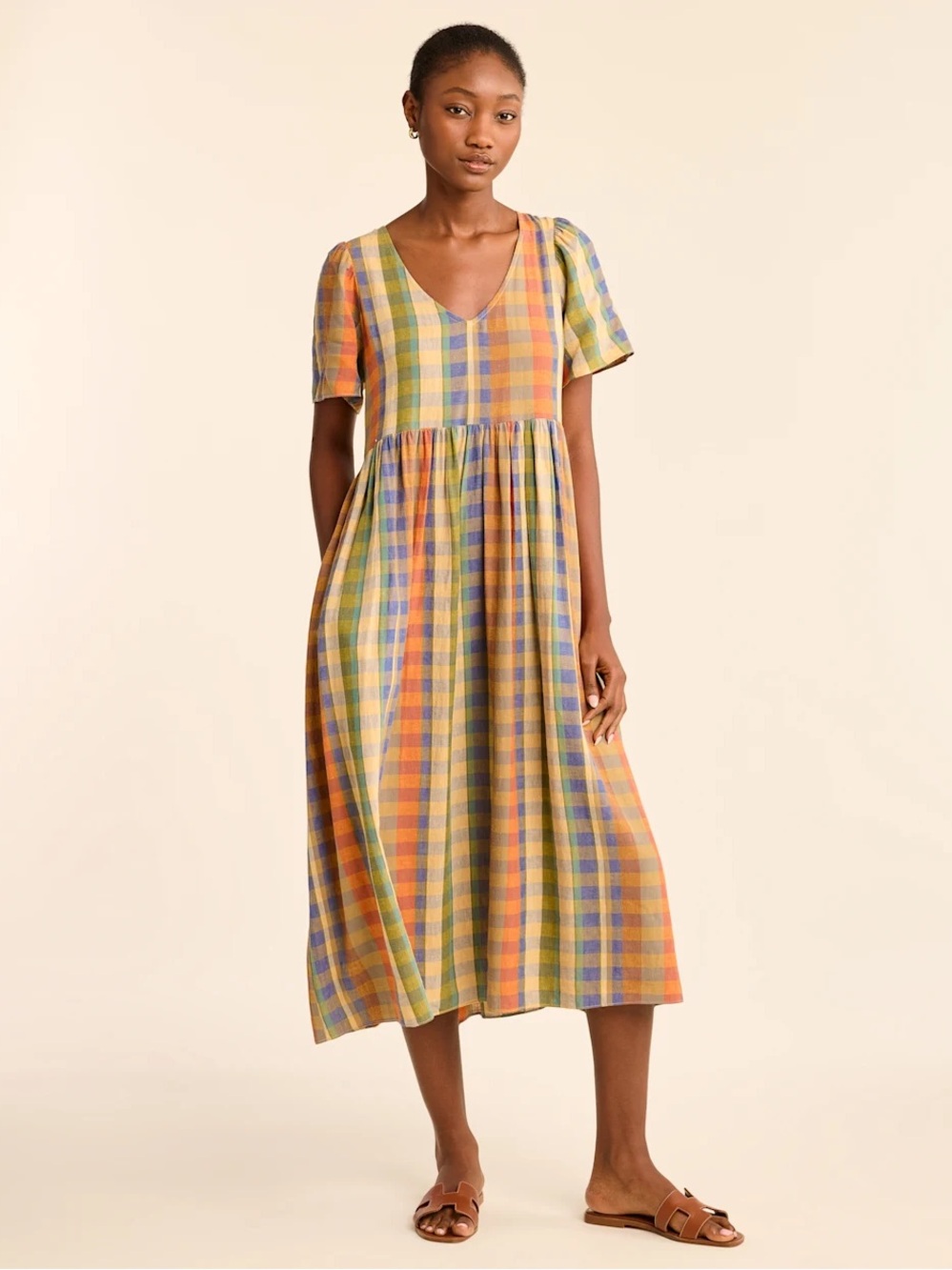 Pendleton Flora Linen Blend Colorful Plaid Midi Dress Pockets Womens Size Medium